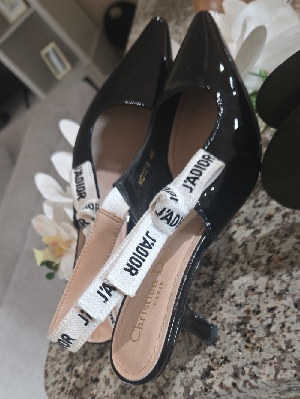 Dior Black Patent Leather Pointed-Toe Slingbacks with J'Adior Ribbon